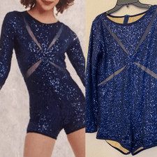 Curtain Call Dance Costume navy blue sequin unitard Radioactive J5510 LA adult