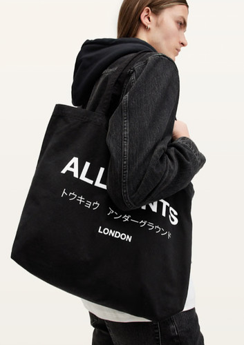 AllSaints Underground Unisex Tote Bag Black Canvas Graphic Japanese Streetwear
