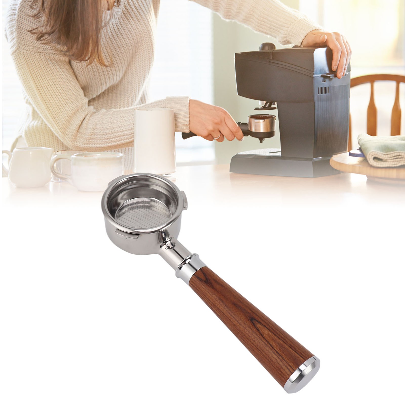 58mm Bottomless Portafilter 3 Ears Stainless Steel Coffee Portafilter Solid Wood