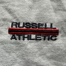Vintage Russel Athletic Made In USA T-shirt Embroidered Logo Script Small Gray