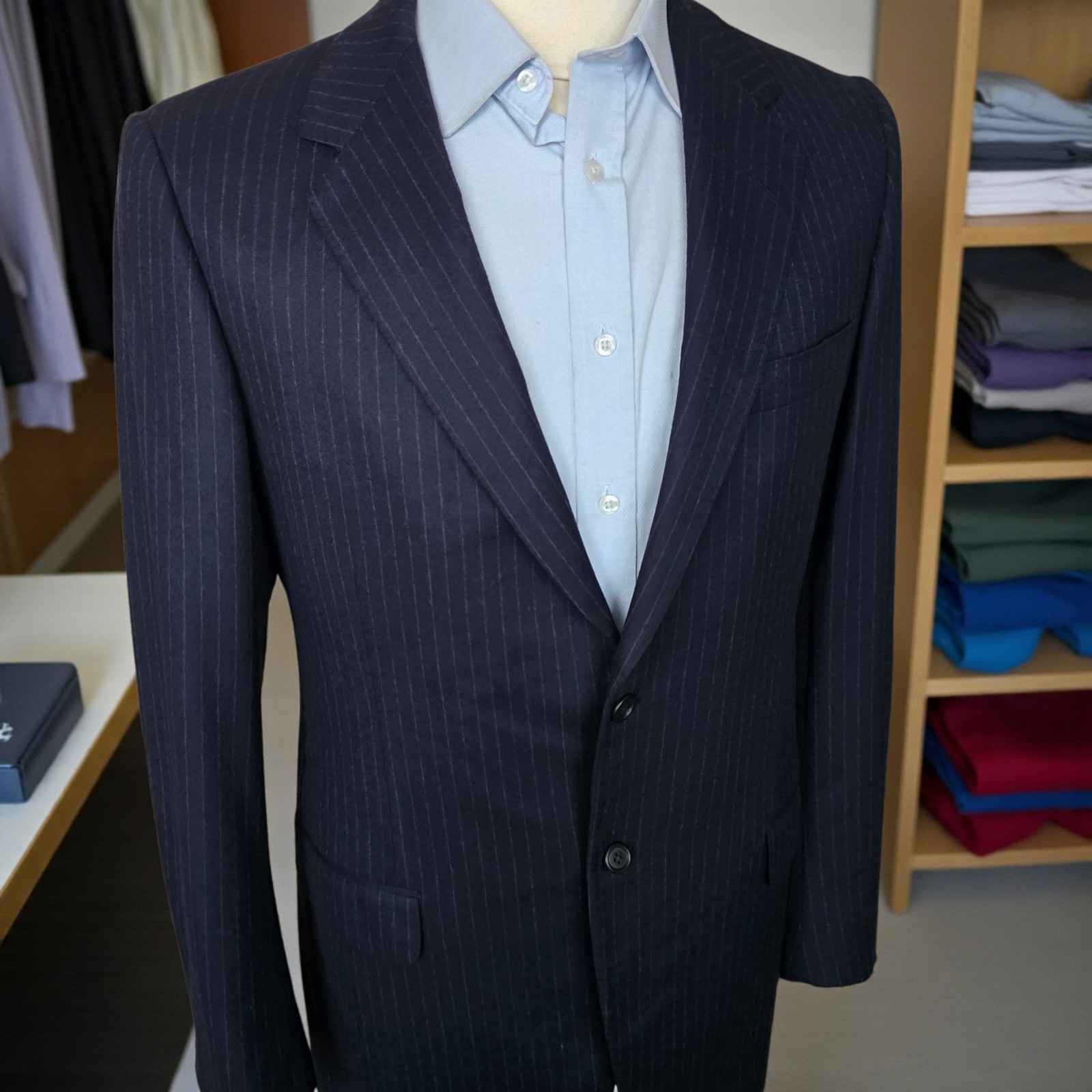 Oxxford Clothes Highest Quality Blazer 40L Navy Chalkstripe Flannel Working Cuff