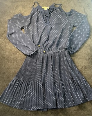 Michael Kors XXS Navy Blue Polka Dot Long Sleeve Ruched Midi Cold Sholder Dress