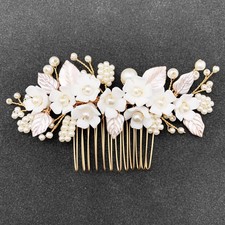 BETITETO Bridal White Hair Comb Pearl Leaf Ceramic Flower Hair Pin Piece Acce...