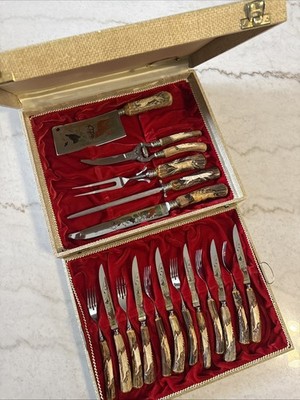 Vtg Anton Wingen Jr Solingen Germany Carved Stag Steak And Carving Set W/case
