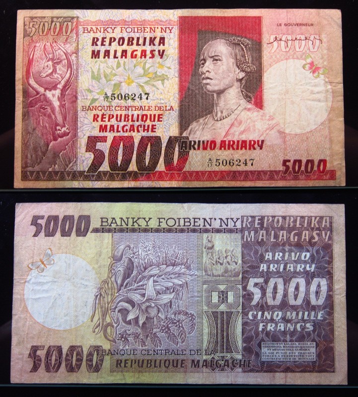 Madagascar 5000 Francs 1975 P66 1000 Ariary Malagasy Malgache Money i4c6247