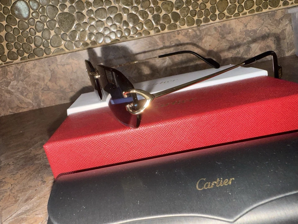 Gafas de sol Cartier rectangulares de metal sin montura para hombre con estuche TOTALMENTE NUEVAS 100 % UV Foto 3 de 4