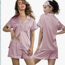 NWT Satin Pajama Set Medium Pink 5 Piece Sleepwear Set Button Front