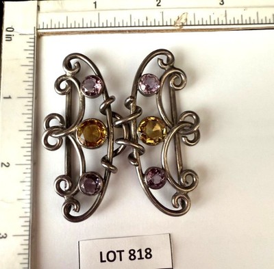 Lot #818 Vintage Sterling Amethyst & Citrine Belt Buckle Art Nouveau +Appraisal