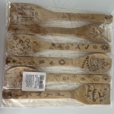6 Pcs Engraved Wooden Christmas Spoons Santa Reindeer Snowman Ginger Bread