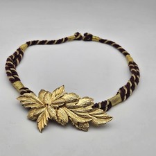 Vintage 70s Or 80s Purple Sash Statement Belt Gold Tone Floral Leaf Accent 34"