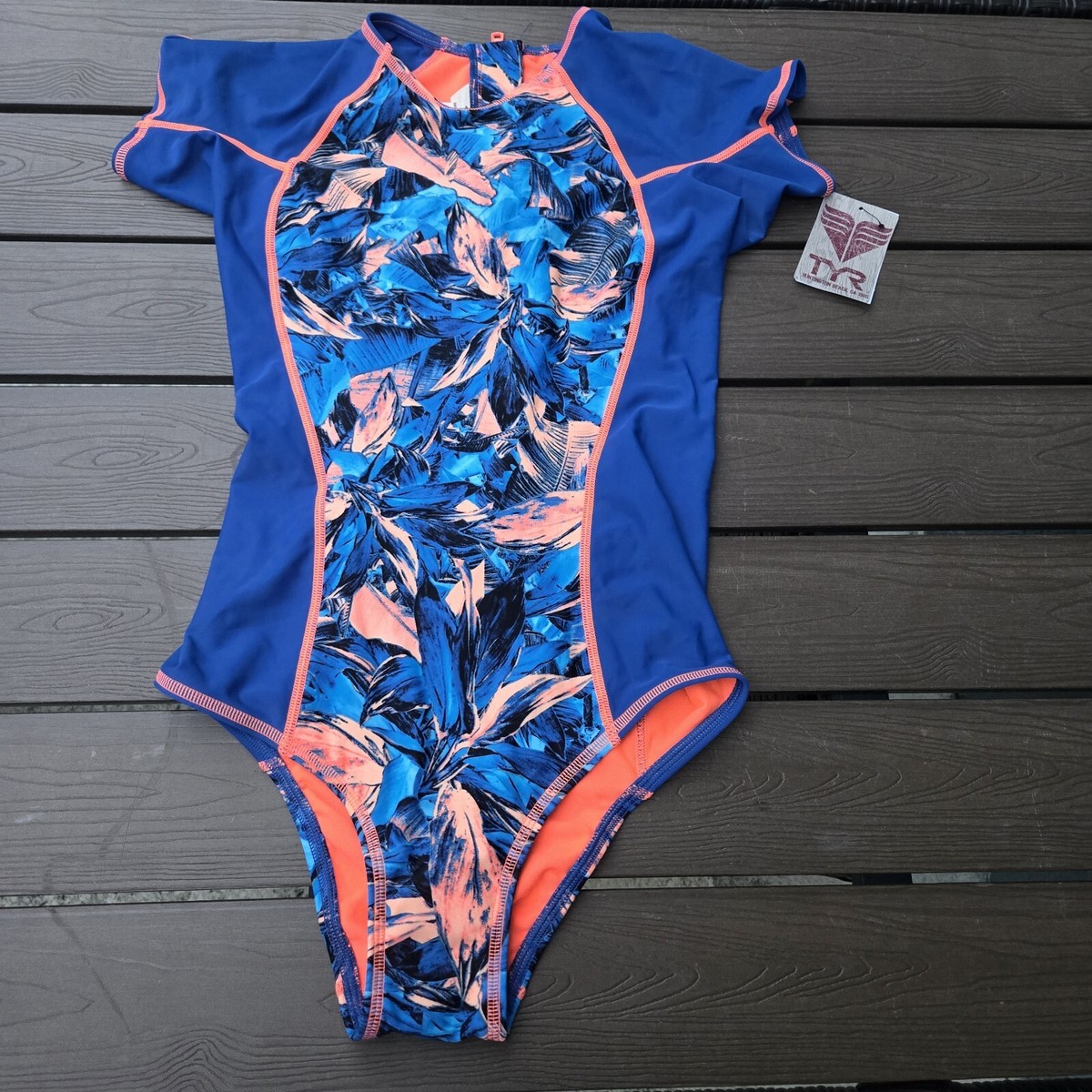 TYR Women's Blue/coral Floral Florina Willa 1-piece Swim Zipper