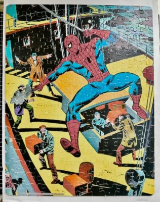 Vintage 1970'S Spider-Man Jigsaw Puzzle Assembled Mounted On Tape 14X18