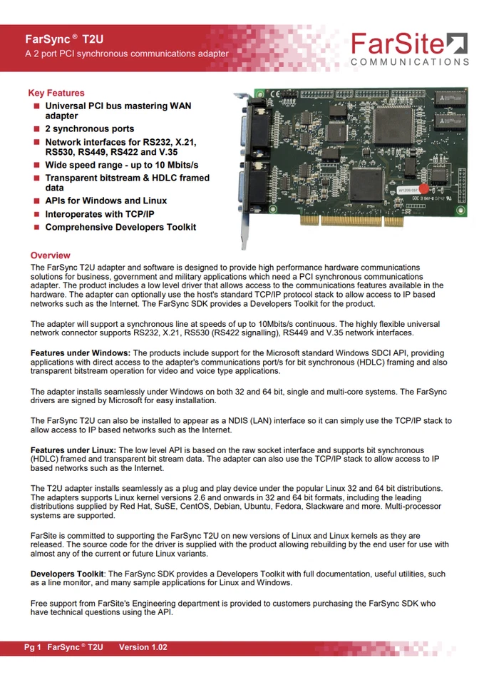 FarSite Communications FarSync T2U PCI synchronous communication card FS4240 - Image 3 of 4