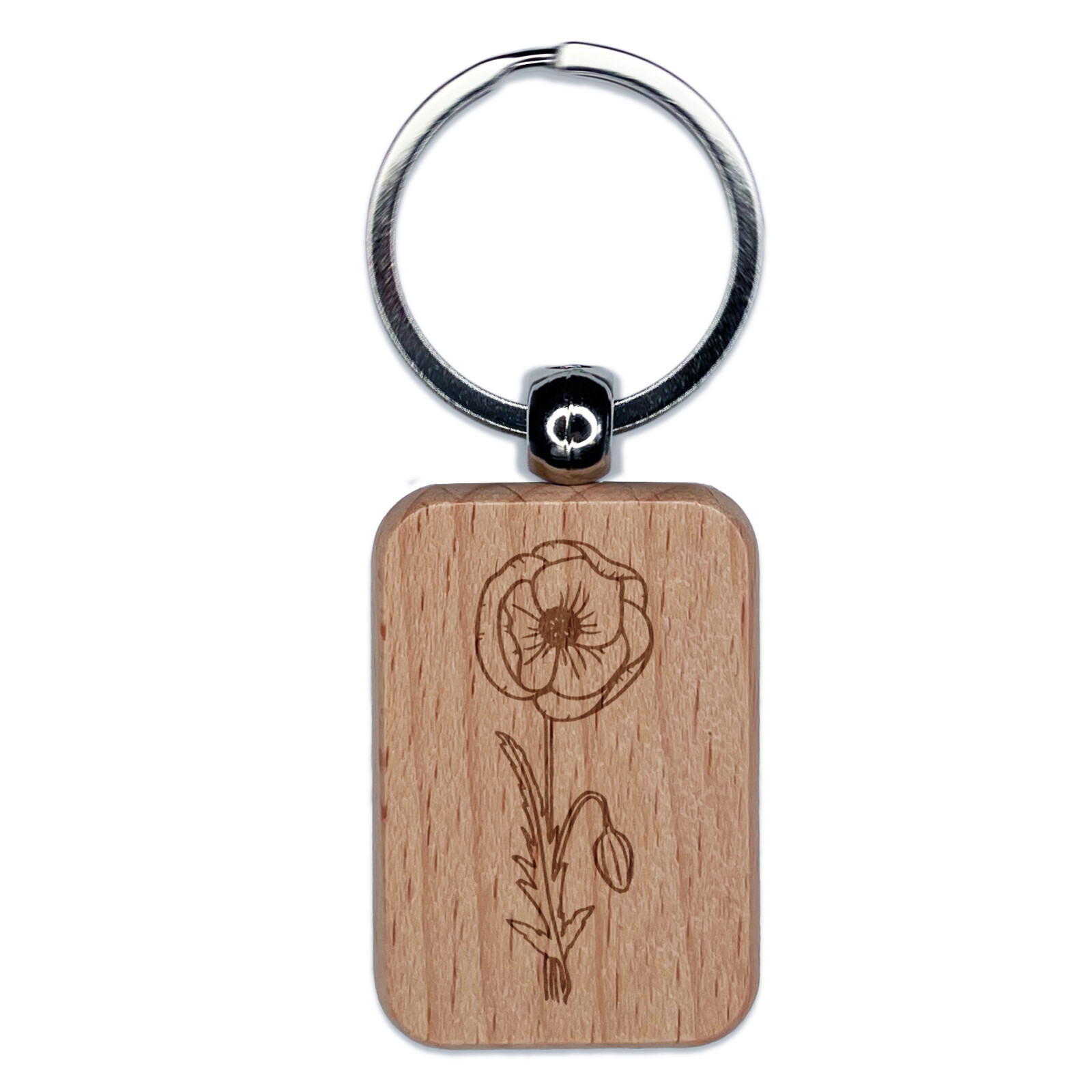 Hand Drawn Poppy Flower Engraved Wood Rectangle Keychain Tag Charm
