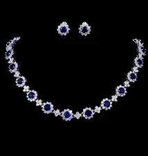 18k White Gold Plated Necklace Earrings Set made w Swarovski Crystal Blue Stone