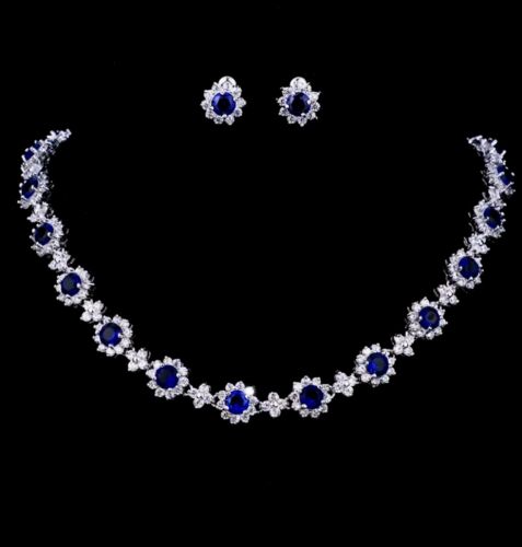 18k White Gold Plated Necklace Earrings Set made w Swarovski Crystal Blue Stone - Picture 1 of 6