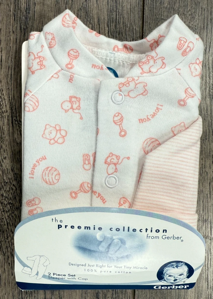 Baby Girl Clothes New Vintage Gerber 3-5lbs Preemie Pink Toys 2pc Footed Outfit