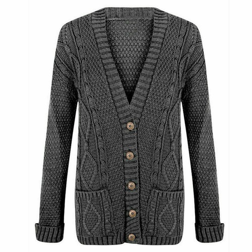 Women Girls Long Sleeve Button Chunky Cable Knit Top Grandad Cardigan UK 8-26 - Picture 7 of 22