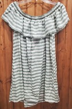 Women's Forever 21 Green Cream Striped Woven Dress Size L Elastic Off Shoulder
