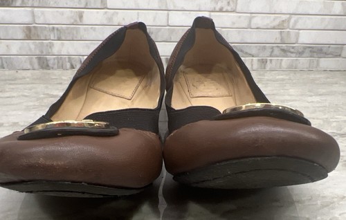 Tory Burch Ballet Flats Brown Leather/Black Elastic Size 7.5 Gold-like Medallion - Picture 8 of 24