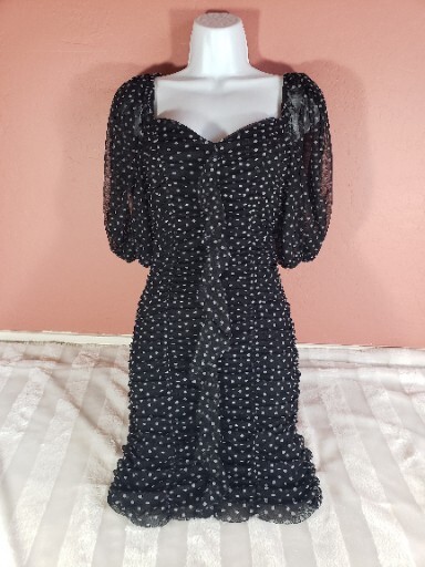 ZARA Black White Polka Dot Lined Bodycon Ruched Sheer Puff Sleeve
