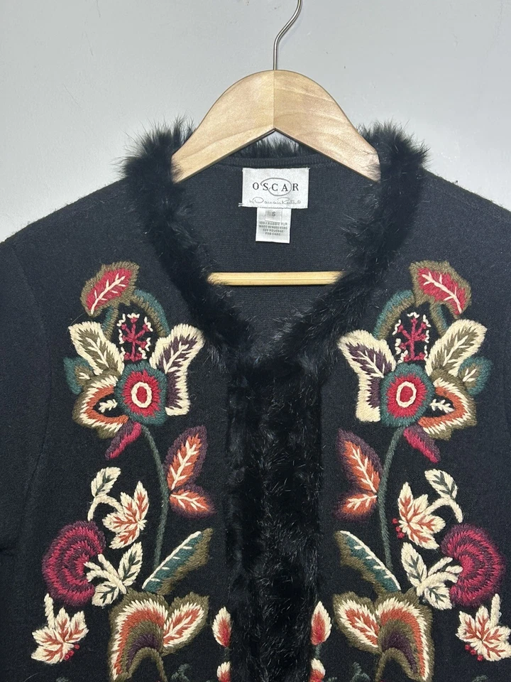 RARE Vtg Oscar De La Renta Floral Embroidered Wool Fur Long Cardigan Sweater SM - Image 2 of 4