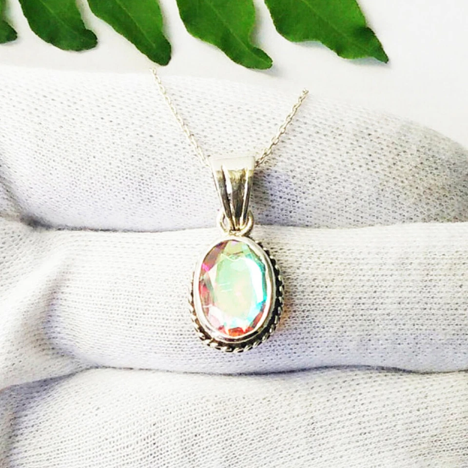 925 Sterling Silver Rainbow Mystic Topaz Necklace Handmade Gemstone Jewelry - Image 2 of 4