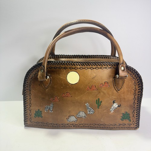 Vintage Hand Tooled Leather Purse Southwestern Desert Painted Western Satchel