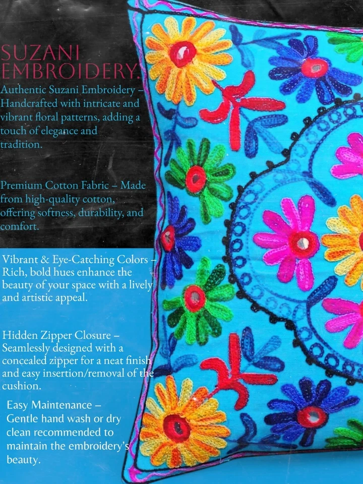 Boho Suzani Embroidered Cushion Cover 16x16 | Handmade Sky Blue Colorful Floral - Image 4 of 4