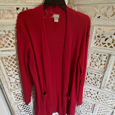 Chico's Red Ribbed Knit Open Front Cardigan Sweater w/ Pockets, Women's 2
