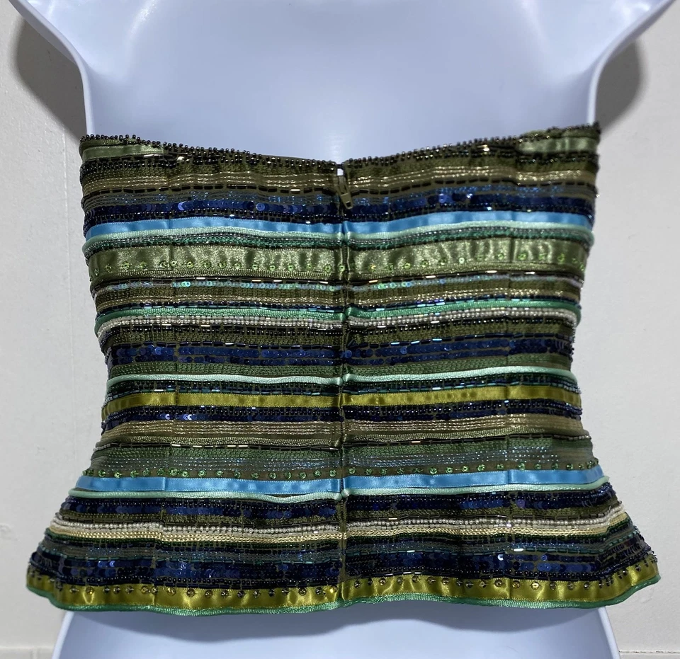 Top Kay Unger New York para mujer 8 verde azul con cuentas lentejuelas sin tirantes bustier de seda Foto 4 de 4