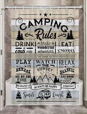 Camper RV Shower Curtain for Travel Trailer Bathroom, Farmhouse Camping Rules Qu