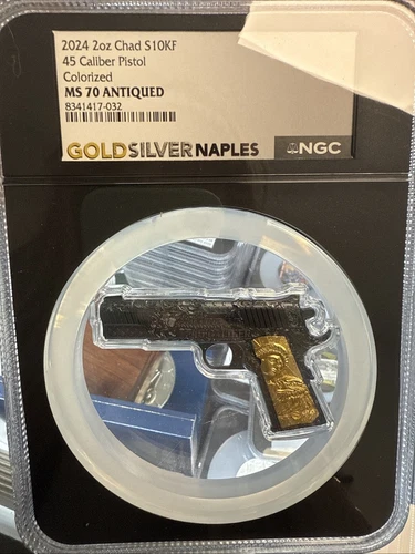 2 Oz Silver Coin 2024 Chad .45 Caliber Pistol NGC MS 70 Antiqued Colorized