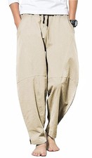 Mens Cotton Linen Drawstring Pants Elastic Waist Casual Summer Beach Trousers