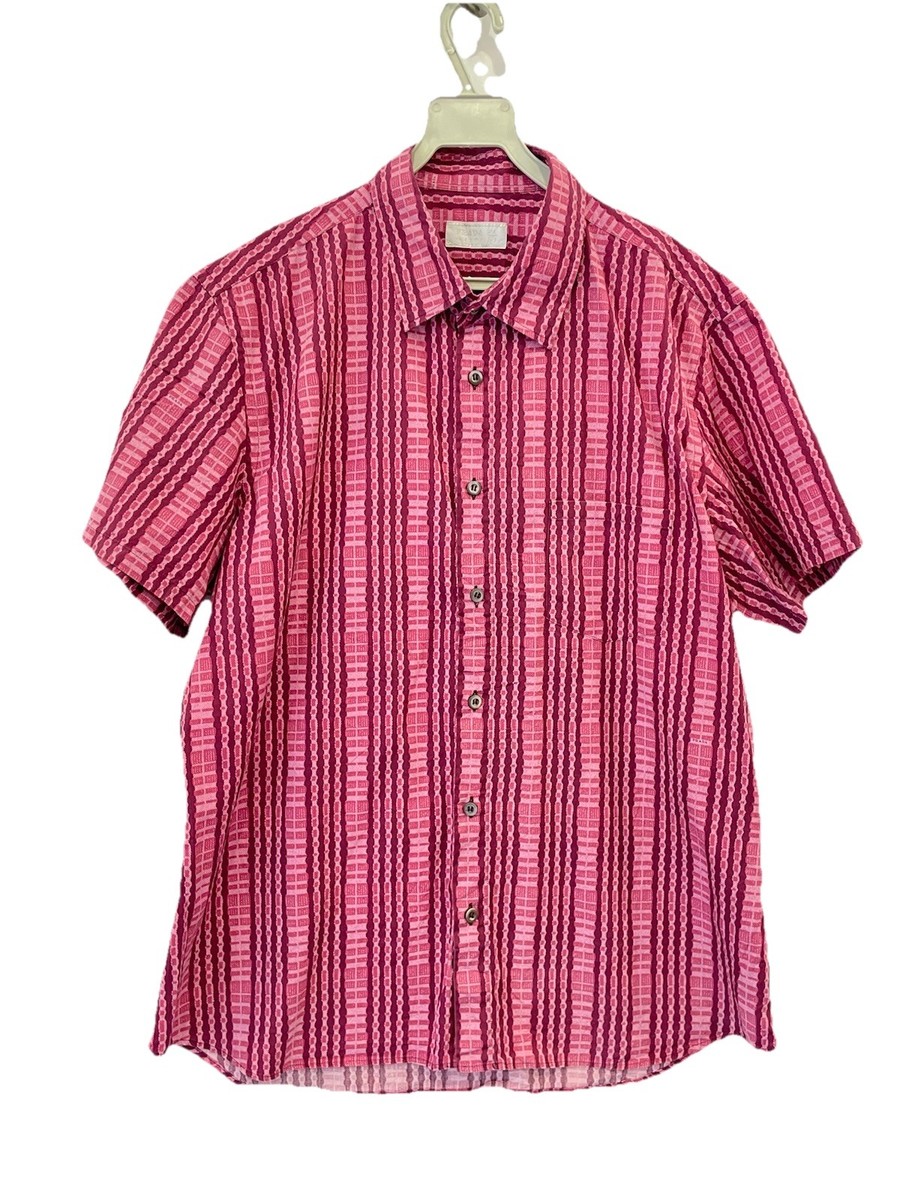 H72# Prada Men's Button Up Shirt Pink Red Striped Geometric