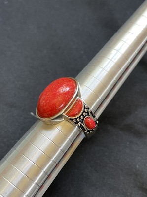 925 Silver & Coral Ring, Marked BBJ , Bangkok Ratnaras Jewelry. 8g