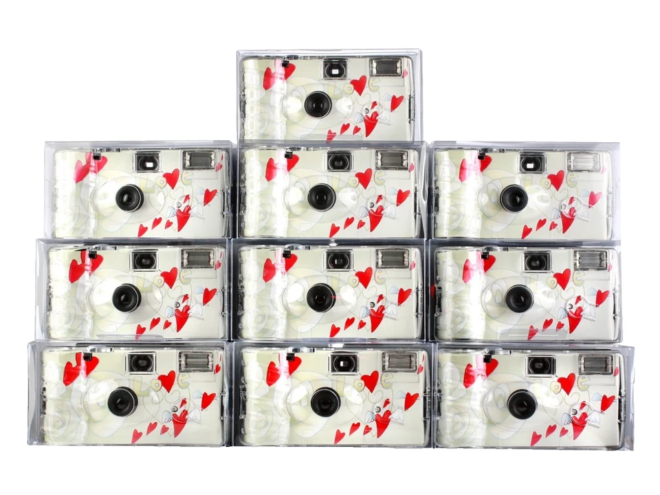 Hochzeit Einwegkamera schickes Gehäuse "fliegende Herzen" mit Blitz, 10er Pack - Bild 2 von 4