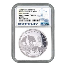 2018 China Macau Numismatic Society Expo Show Panda 2 oz Silver Proof Medal NGC