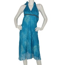 To The Max Silk Teal Snake Cheetah Animal Print Halter Metallic Splatter Dress