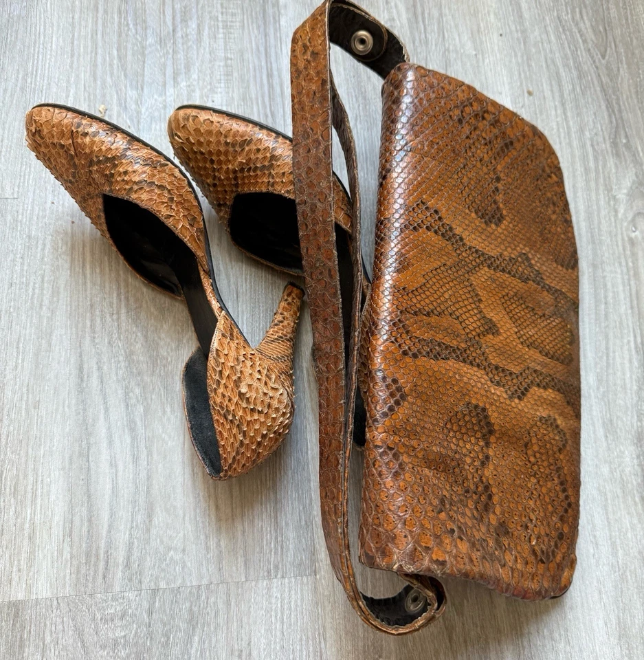 Редкая винтажная сумочка из змеиной кожи 50-х/60-х годов и подходящие туфли — экзотический питон ручной работы - Изображение 2 из 4
