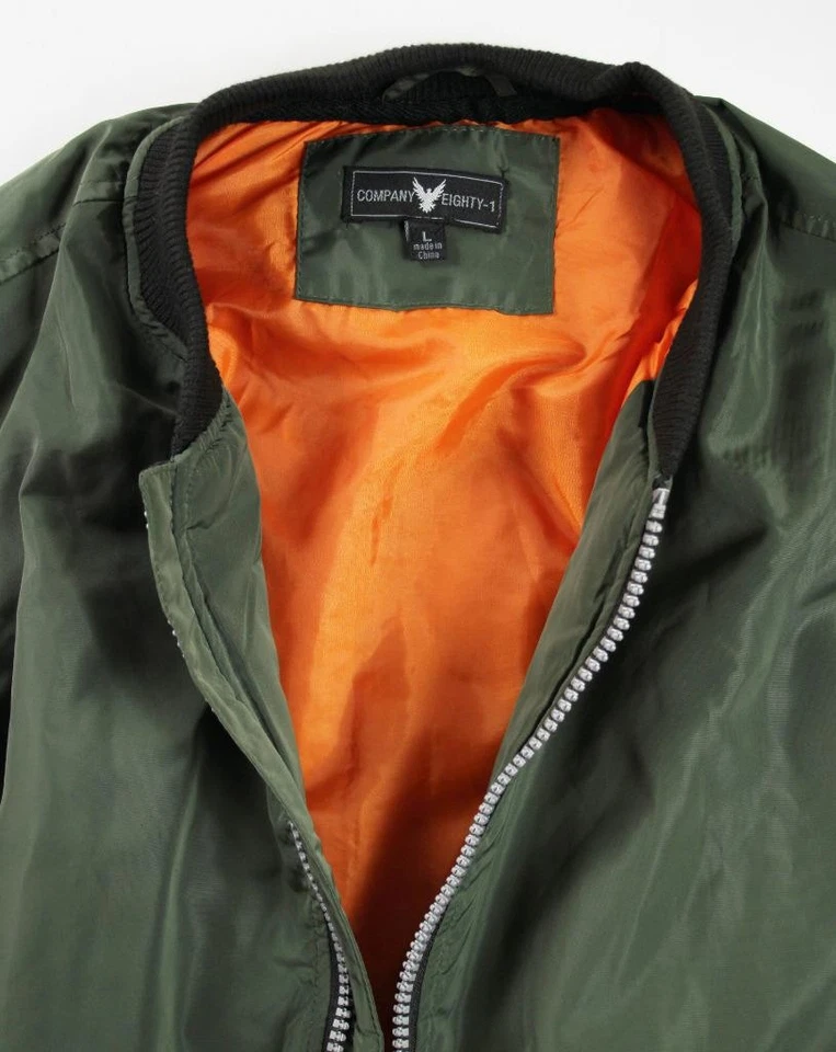 Company Eighty-1 Hombres Puffer Chaqueta de Bombardero L Bolsillos con Cremallera Completa Negro Oliva $88NUEVA Foto 3 de 4