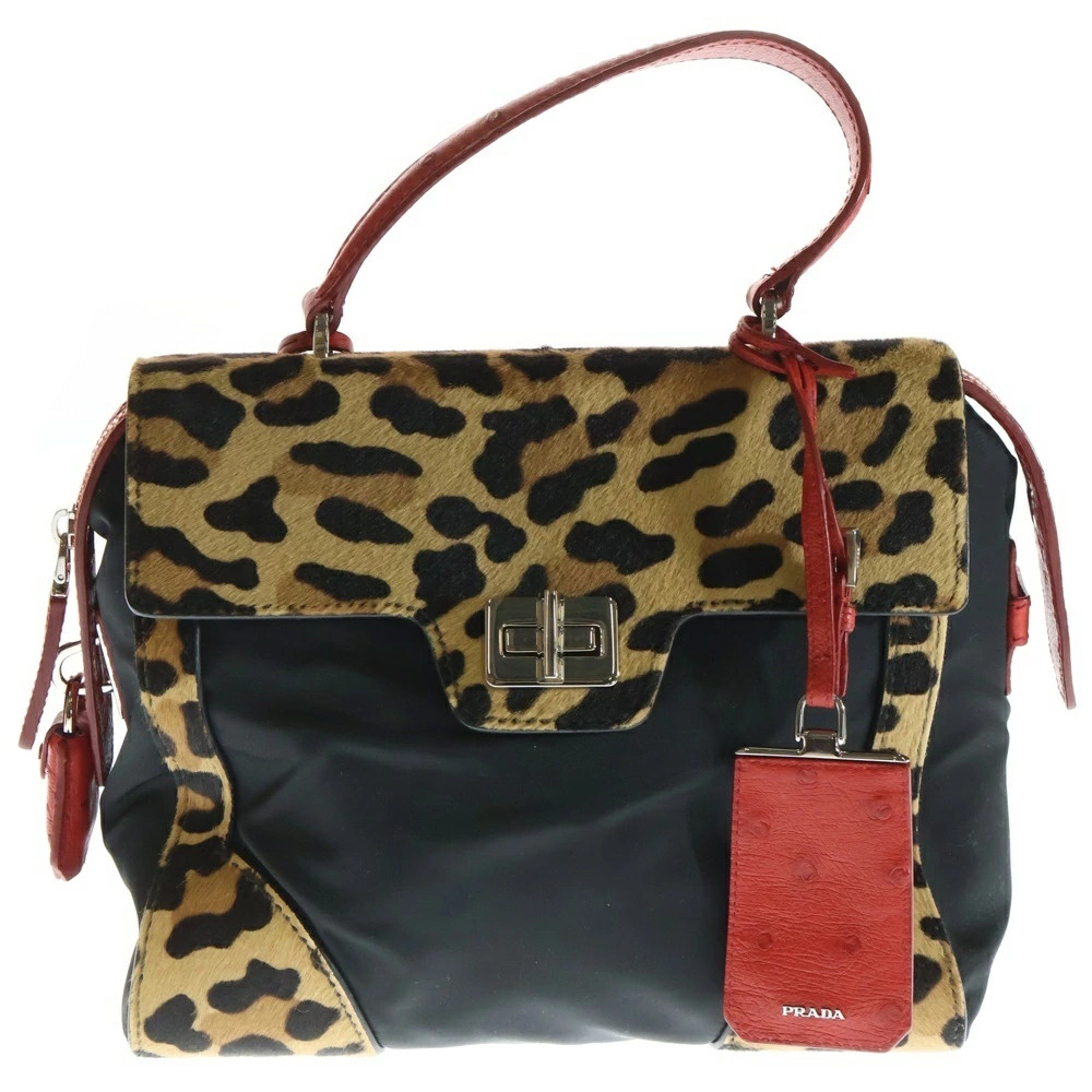Prada Leopard Pattern 2Way Leather Nylon Hand Sho… - image 1