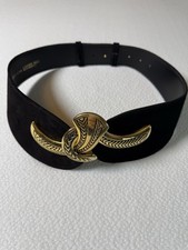 Vintage 80's Wide V Belt Black Suede Ornate Gold Etched Snake-like Hook Buckle