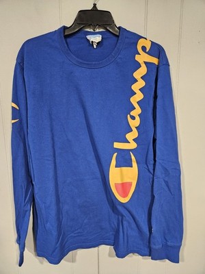 Champion Men s Large Blue Shoulder Spellout Large Logo Long Sleeve Shirt Big C