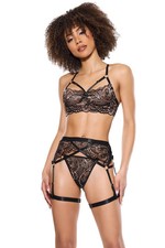 Coquette 24303 BLACK Ember Glow Bra, Garter Belt Thong