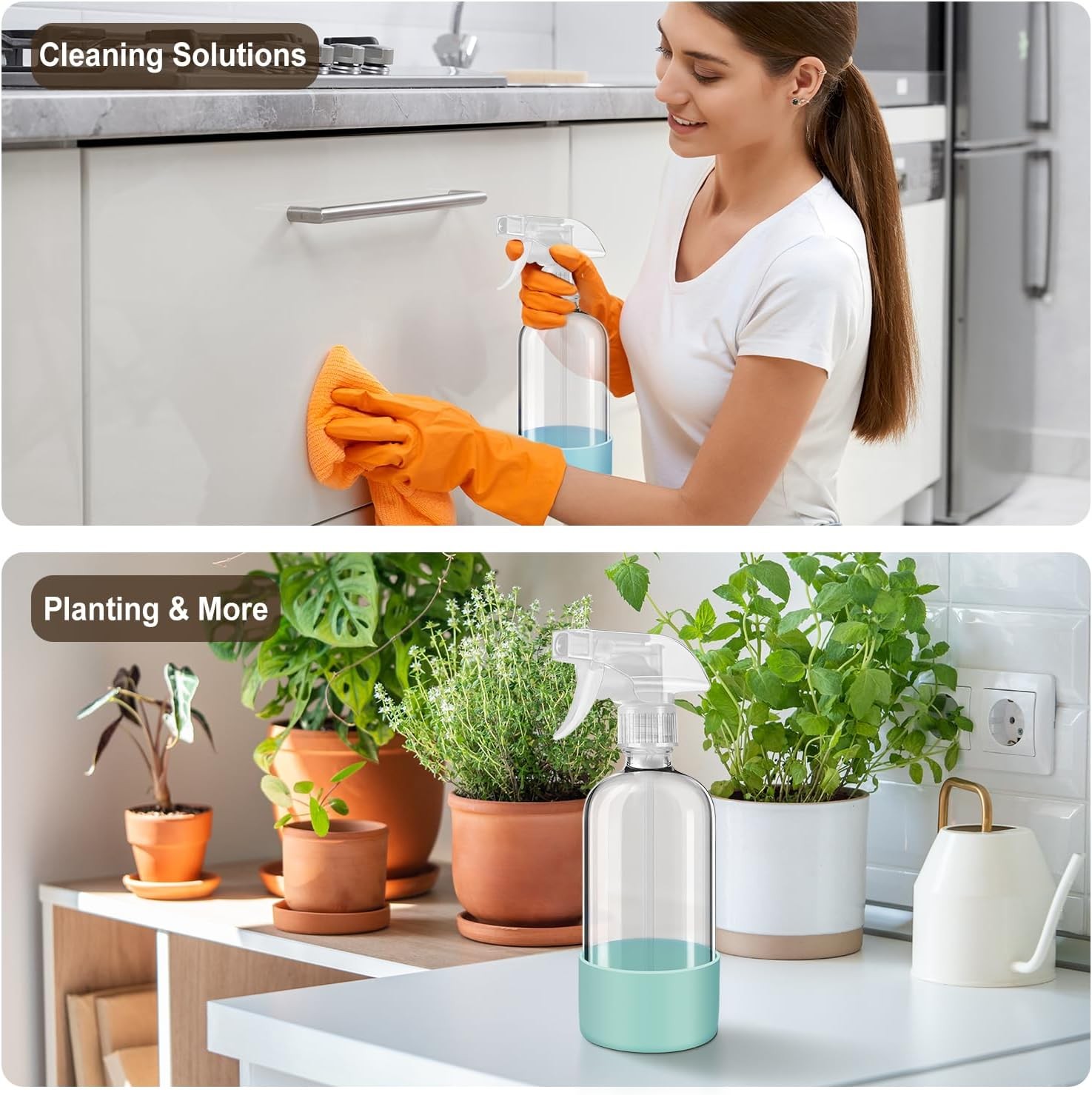 2pcs 16oz Glass Spray Bottles w/ Silicone Sleeves,Mist & Stream Empty Refillable