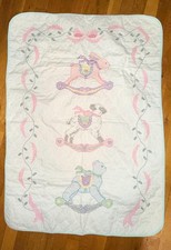 Vintage Baby Quilt Rocking Horse Nursery Blanket Pastel Handmade BunnyBear 29x36
