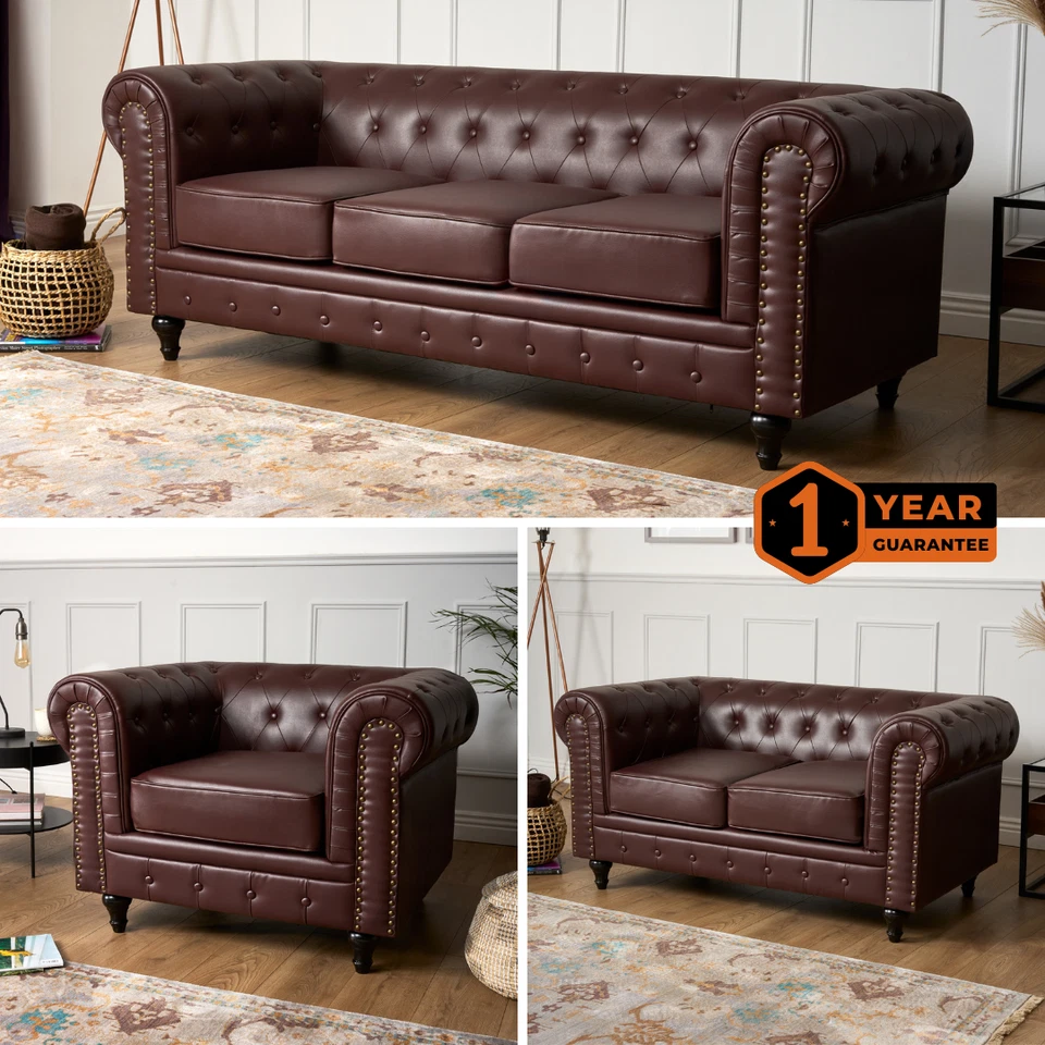 Chesterfield Sofa Suite Brown Faux Leather Armchair Couch | 1, 2 & 3 Seater Sets