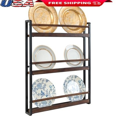 Wall Mounted Plate Rack 3 Tier Sturdy Rustic Display Organizer Kitchen Decor New