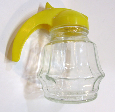 Vintage MCM 50s 4'' Federal Tool Corp Chicago IL Glass Syrup Dispenser Yellow Top